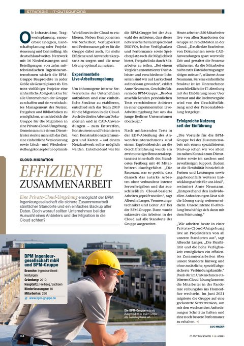 Der gesamte Beitrag zur neuen Private-Cloud der BPM-Gruppe im Fachjournal "IT-Mittelstand", Ausgabe 11/2021