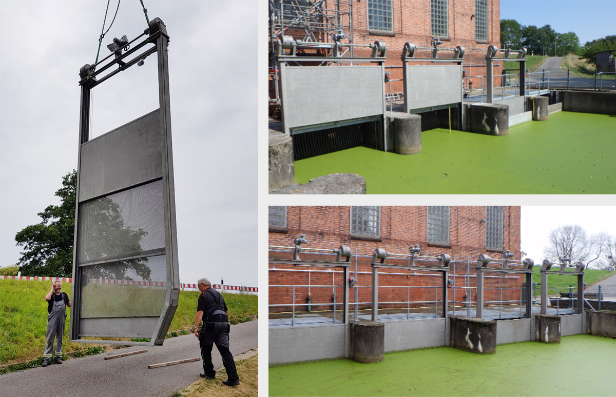 Bild links: Einheit Tafeln und Rahmen vor dem Einbau Bild rechts oben: Das Schöpfwerk Ochsenwerder mit geöffneten Schutztafeln Bild rechts unten: ... und mit geschlossenen Schutztafeln