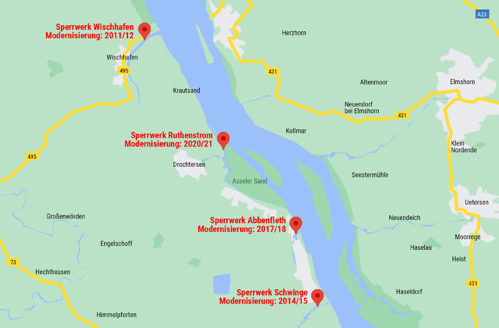 Standorte der modernisierten Sperrwerke